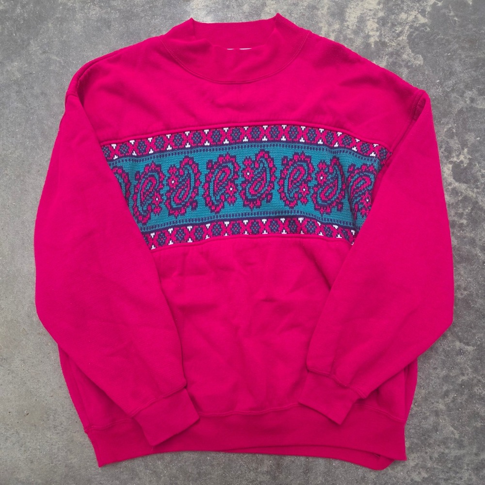 Vintage 80s 90s American Weekend Woman Sweatshirt Paisley Mock‎ Neck Pink 1X